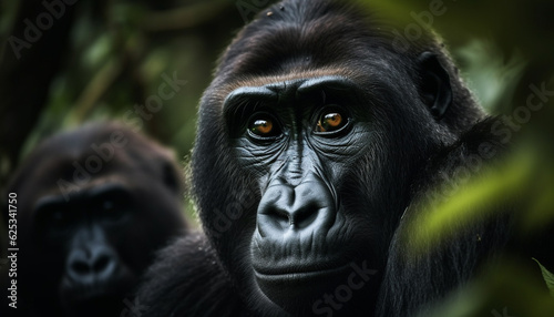 Close up portrait of a cute black gorilla staring with authority generated by AI © djvstock