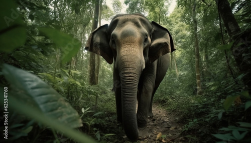 Elephant walking in tranquil tropical rainforest, surrounded by wildlife reserve generated by AI