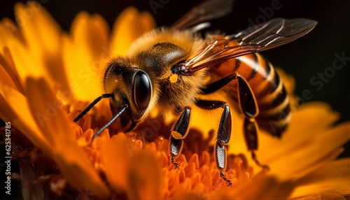 Busy honey bee picking up pollen from single flower generated by AI © djvstock