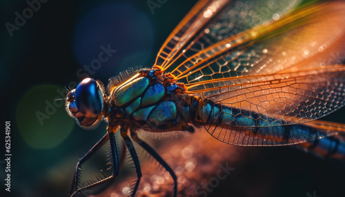 Dragonfly resting on leaf, vibrant wings showcase nature beauty generated by AI © djvstock