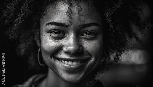 Smiling young women exude confidence in black and white portrait generated by AI