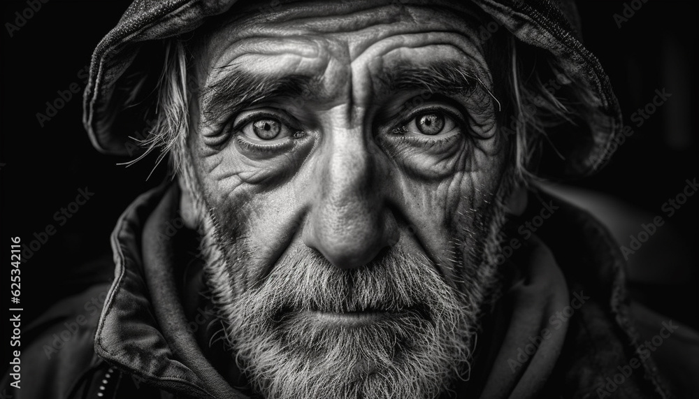 Old man with beard and mustache, looking sad in winter generated by AI Old man with beard and mustache, looking sad in winter generated by AI