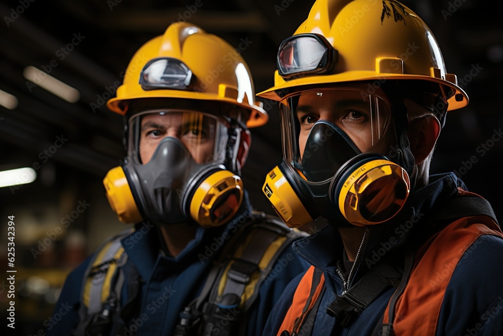 Naklejka premium Side-by-side profile of two workers inspecting and maintaining buildings and equipment Upper body close-up Stay safe today with AI-Generated Images