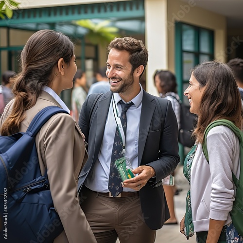 Collegial Conversations: Young Teachers Chatting in School Yard.Teacher's Corner: Group of Young Educators Engaged in Discussion