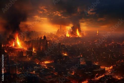 fire consuming and entire vast city skyline. futuristic and dystopian.