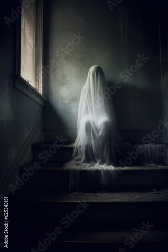 ghost seated on a old abandoned staircase 