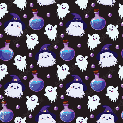 Cute Halloween seamles pattern with various horor and spooky element for fabric design, background, template, layout, print paper.