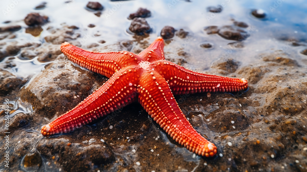 Orange red starfish on the beach - Generative AI Orange red starfish on the beach - Generative AI