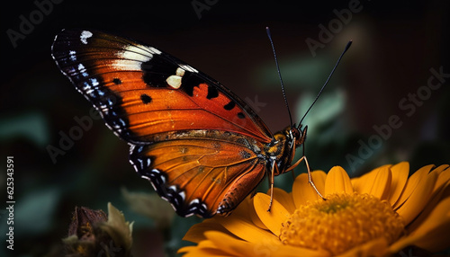 Vibrant butterfly pollinates yellow flower in tranquil nature scene generated by AI © djvstock