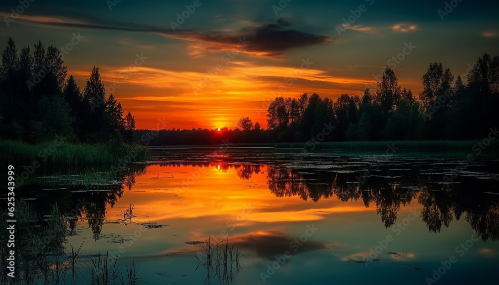 Obraz premium Tranquil sunset reflects beauty in nature over serene pond meadow generated by AI