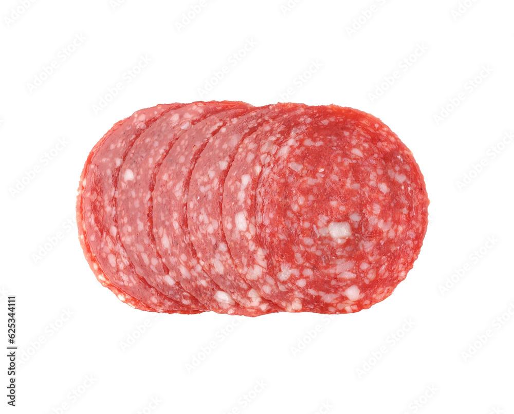 Slices of tasty salami isolated on white background Slices of tasty salami isolated on white background