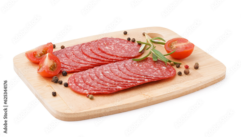 Wooden board with slices of tasty salami isolated on white background