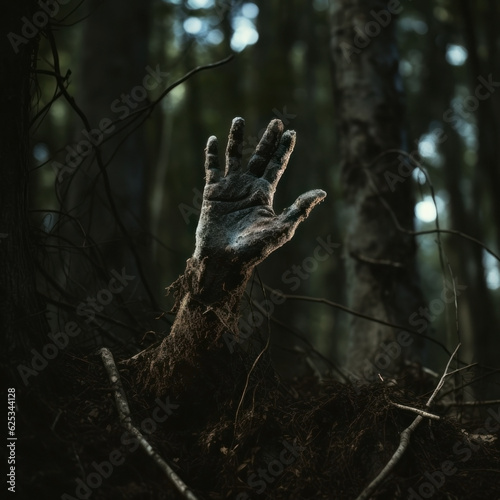 lost in the forest, seeking for help. alone. hand reaching up for help.