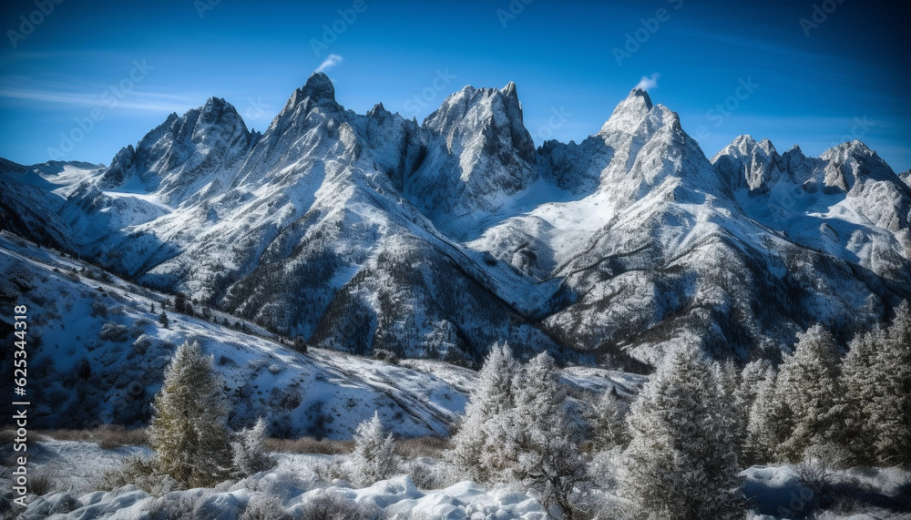 Tranquil winter landscape: majestic mountain range, frozen forest, panoramic sunset generated by AI