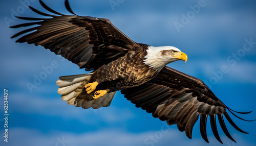 Bald eagle flying with spread wings, majestic beauty in nature generated by AI