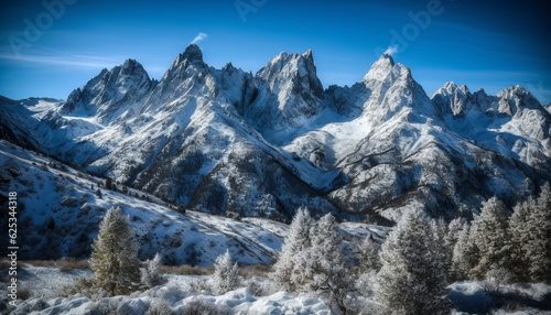 Tranquil winter landscape: majestic mountain range, frozen forest, panoramic sunset generated by AI © djvstock