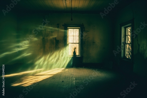 ghostly silhouette figure in a abandoned room. sun rays lighting the place.