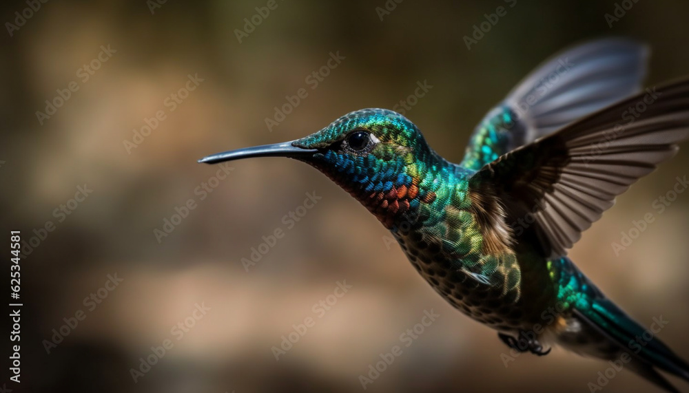 Obraz premium Vibrant rufous hummingbird hovers mid air, pollinating with iridescent feathers generated by AI
