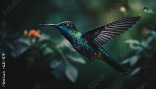 Hovering hummingbird spreads iridescent multi colored wings in mid air pollination generated by AI © djvstock