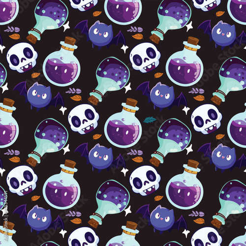 Cute Halloween seamles pattern with various horor and spooky element for fabric design, background, template, layout, print paper.