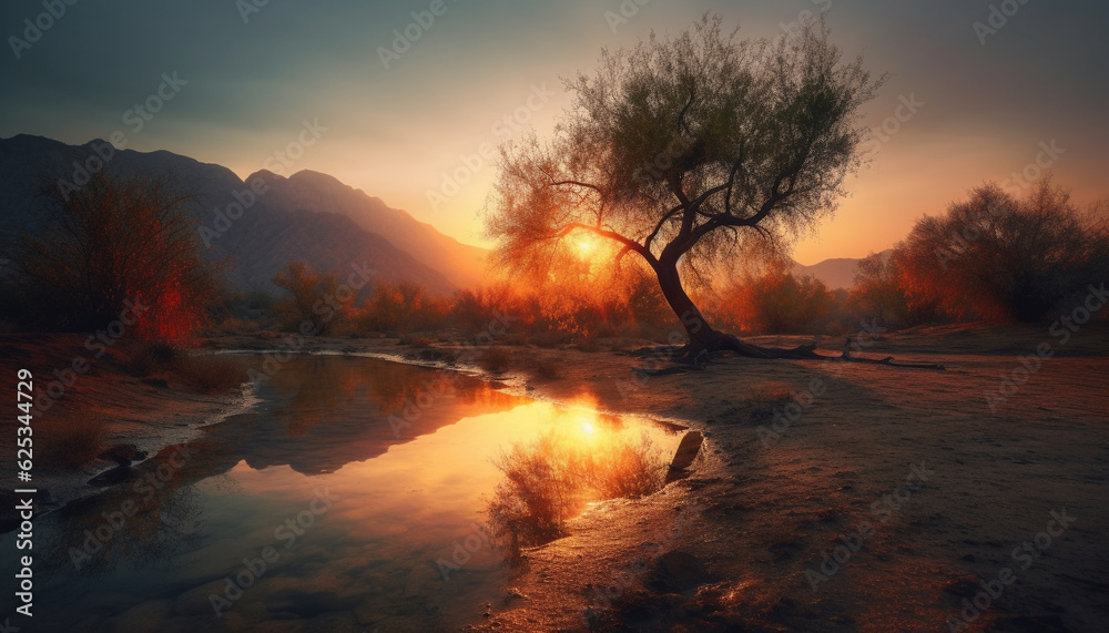 A tranquil scene of a mountain range at sunset generated by AI