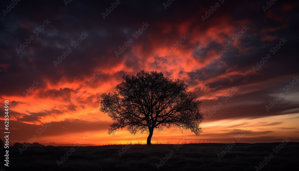 Tranquil sunset silhouettes tree in vibrant orange autumn landscape generated by AI Tranquil sunset silhouettes tree in vibrant orange autumn landscape generated by AI