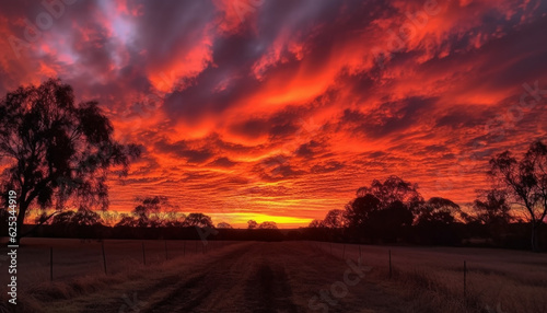 Vibrant sunset silhouettes tree in idyllic rural landscape panorama generated by AI