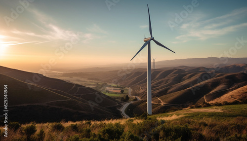 Wind turbines spinning, generating fuel free power for sustainable development generated by AI