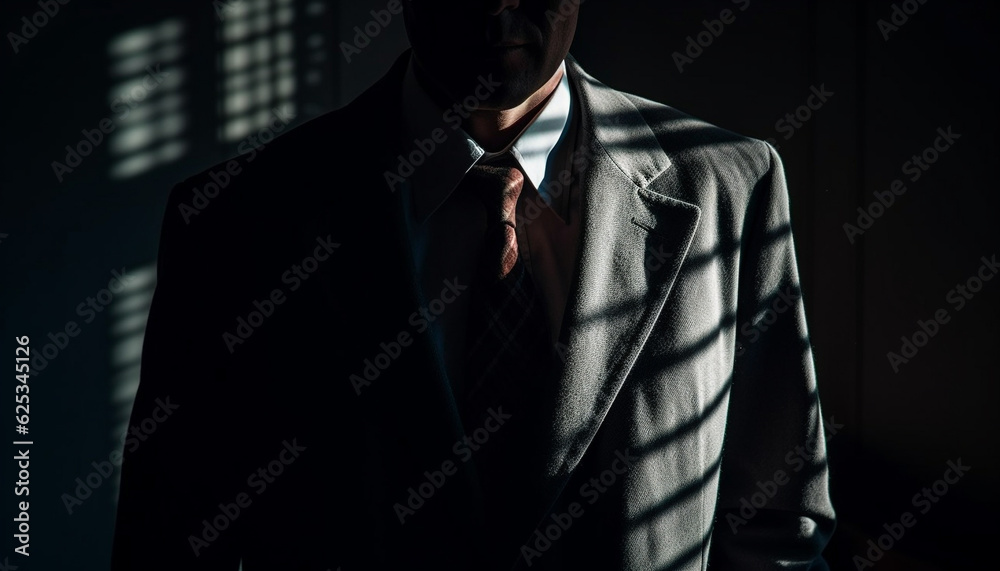 Confident businessman in full suit standing in dark studio shot generated by AI Confident businessman in full suit standing in dark studio shot generated by AI