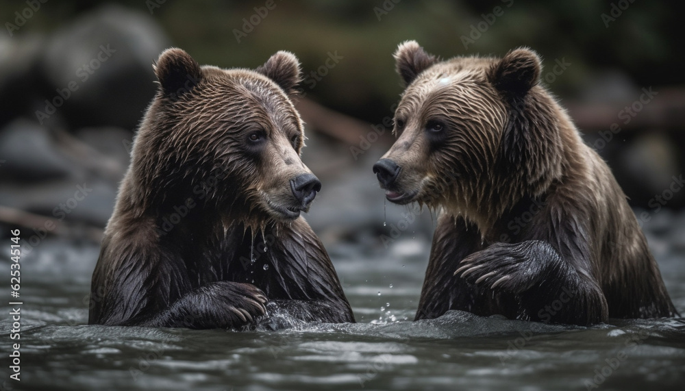 Obraz premium Playful panda and grizzly bear confront in tranquil wildlife reserve generated by AI