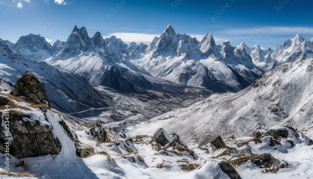 Panoramic mountain range, majestic peak, tranquil scene, wilderness adventure generated by AI