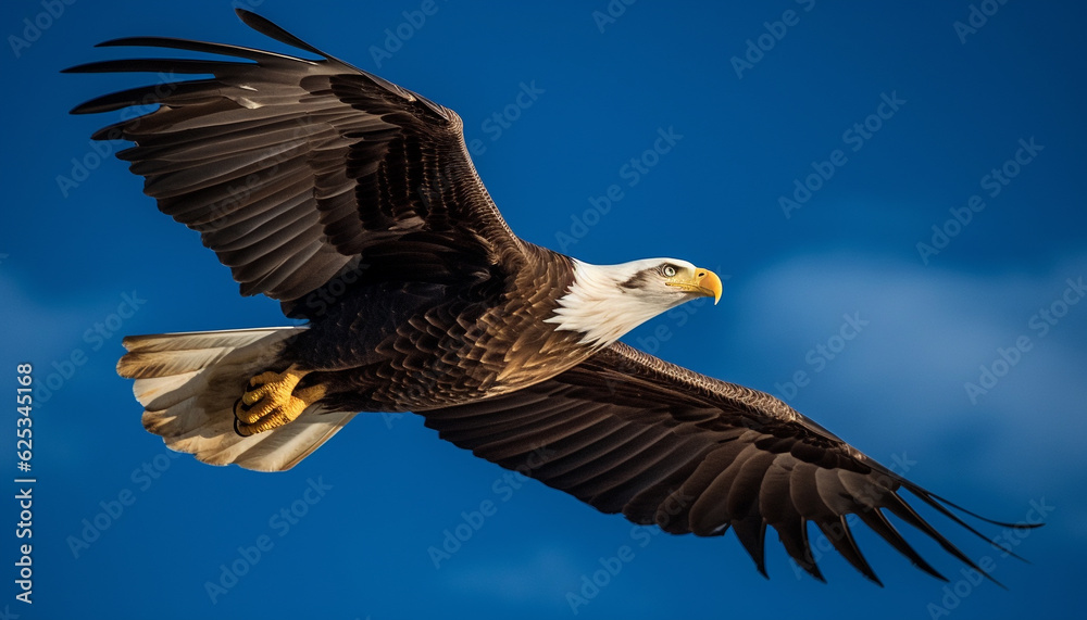 Fototapeta premium Majestic bird of prey, the bald eagle, spreads wings mid air generated by AI