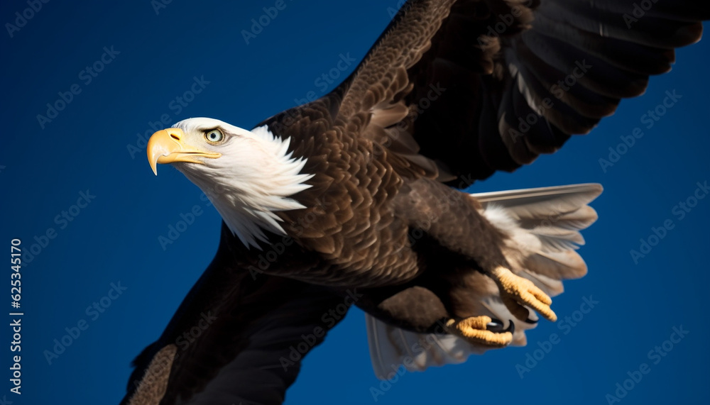 Fototapeta premium Bald eagle flying majestically with spread wings in clear sky generated by AI