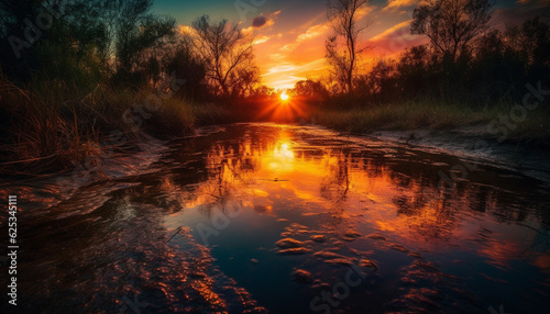 Tranquil sunset reflects beauty in nature, silhouetting vibrant meadow generated by AI