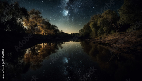 Tranquil scene of star trail over mountain reflects in water generated by AI