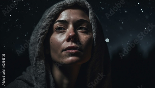 Young adult woman, wet from rain, looking at camera outdoors generated by AI