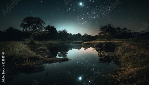 Tranquil night landscape: Milky Way galaxy, star field, reflection generated by AI