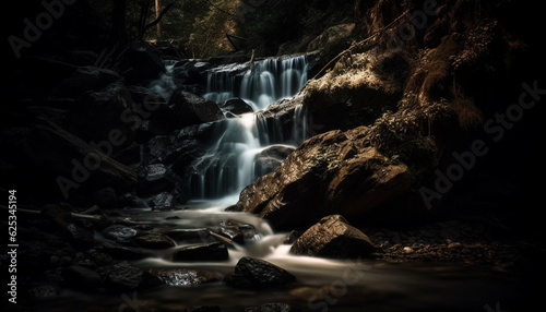 Smooth flowing water cascades down rocky cliff in tranquil wilderness generated by AI