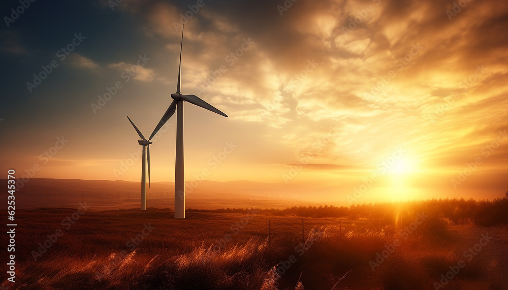 Renewable energy spinning blades turn meadow into sustainable power supply generated by AI Renewable energy spinning blades turn meadow into sustainable power supply generated by AI