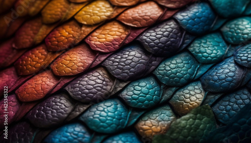 Vibrant animal skin pattern, close up of multi colored snake scales generated by AI