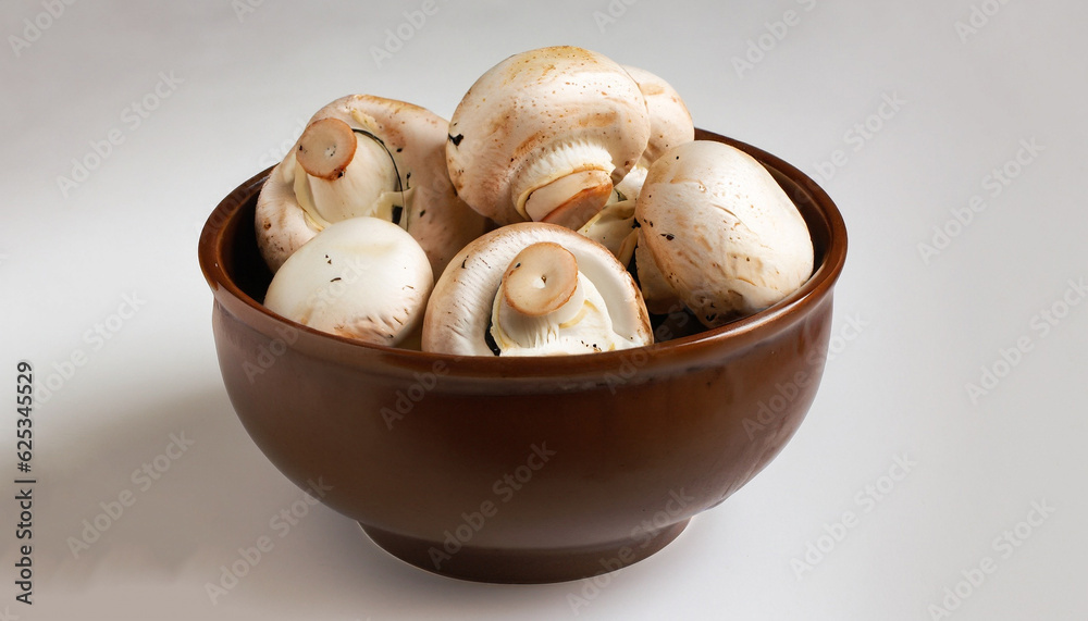 Fresh white mushrooms champignon in brown bowl on white background.