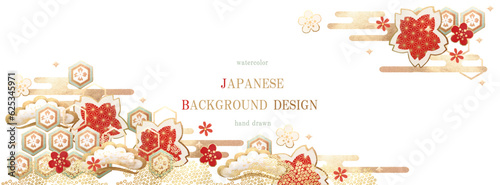 和柄, 金箔, 年賀状, 背景, 桜, 雲, ベクター, 金, フレーム, 梅, 梅の花, 松, 花家紋, 金色, ゴールド, 花, 和, 和風, イラスト