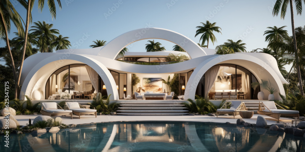 Luxury beach house with swimming pool in modern design. Generative AI