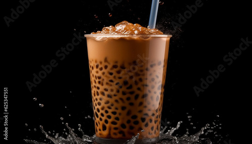 Frothy drink with milk, chocolate, and coffee on black background generated by AI