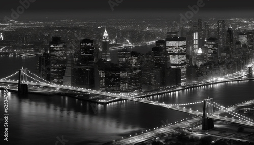 Black and white cityscape illuminated by street lights at dusk generated by AI