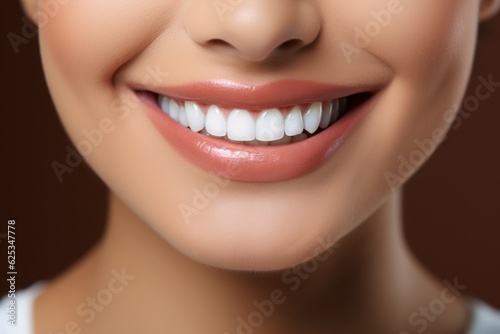 Perfect white healthy teeth of a smiling woman close-up. Portrait with selective focus and copy space