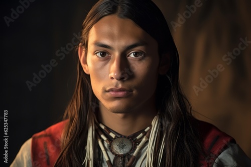 Handsome young Native American man. The concept of Columbus day and the discovery of America. Portrait