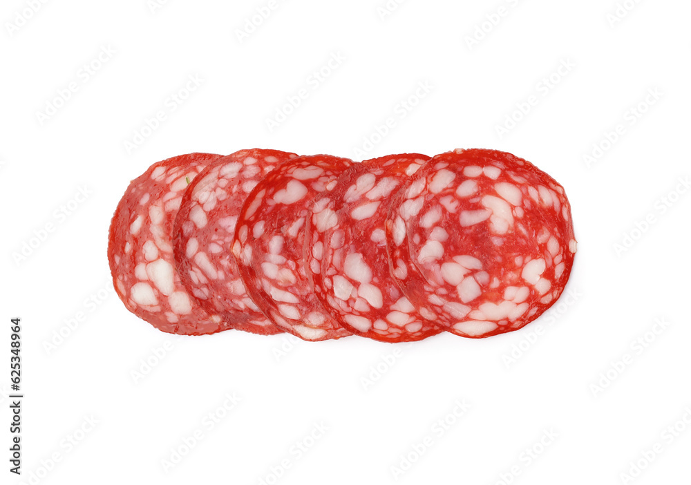 Slices of tasty salami on white background Slices of tasty salami on white background