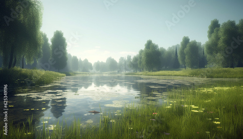 Tranquil scene of a rural meadow with a reflection pond generated by AI