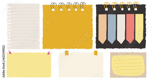 Torn Paper Notes Collection. Hand Drawn Stickers for Planner, Scrapbook, Diary, Schedule. Cute elements in Retro Style. Sketch Drawing Papers Elements. Vector Cartoon Isolated Illustration